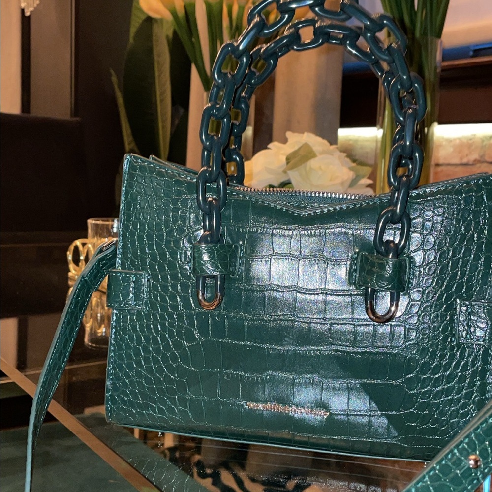 Maniere De Voir Green Shoulder Bag with Croc Embossing